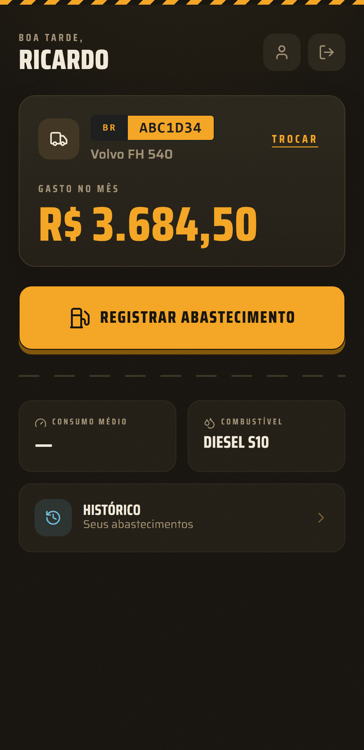 App do motorista: home com gasto do mês e registro de abastecimento
